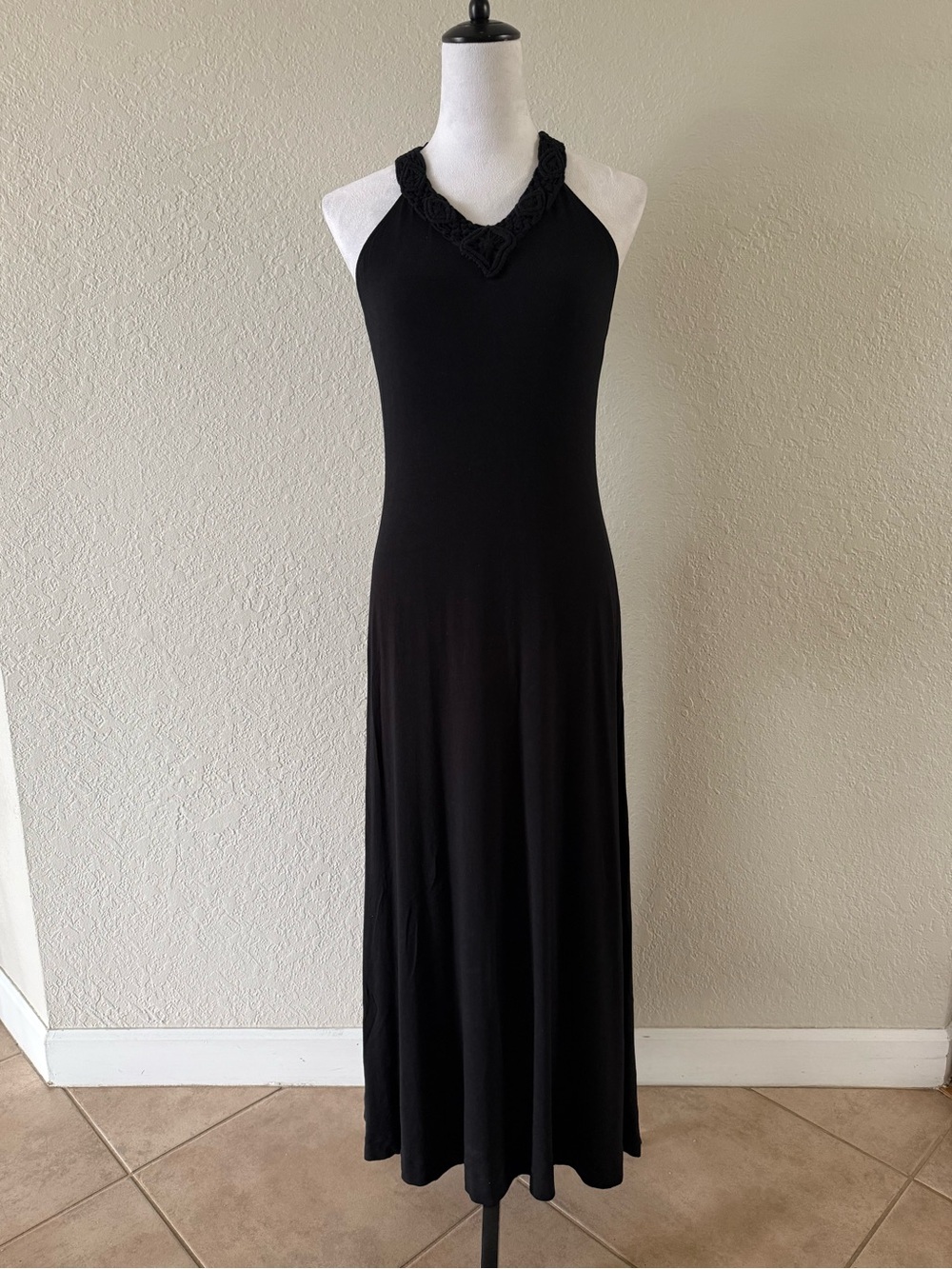 Lauren Ralph Lauren High Neck Maxi Tank Dress Black Size M Crochet V Neck